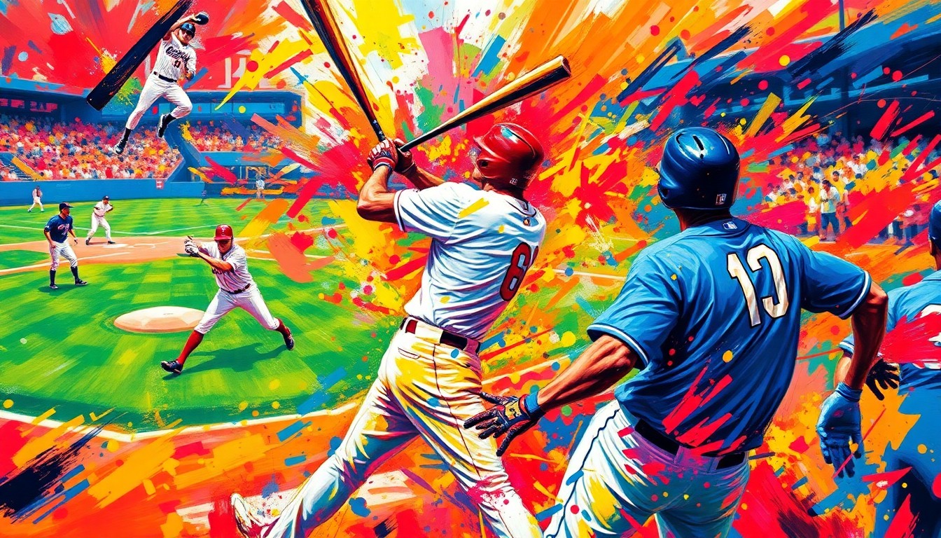 An abstract, expressionist painting in neon colors depicting the dynamic motion and energy of a baseball game, with players' forms blending into vibrant brushstrokes.