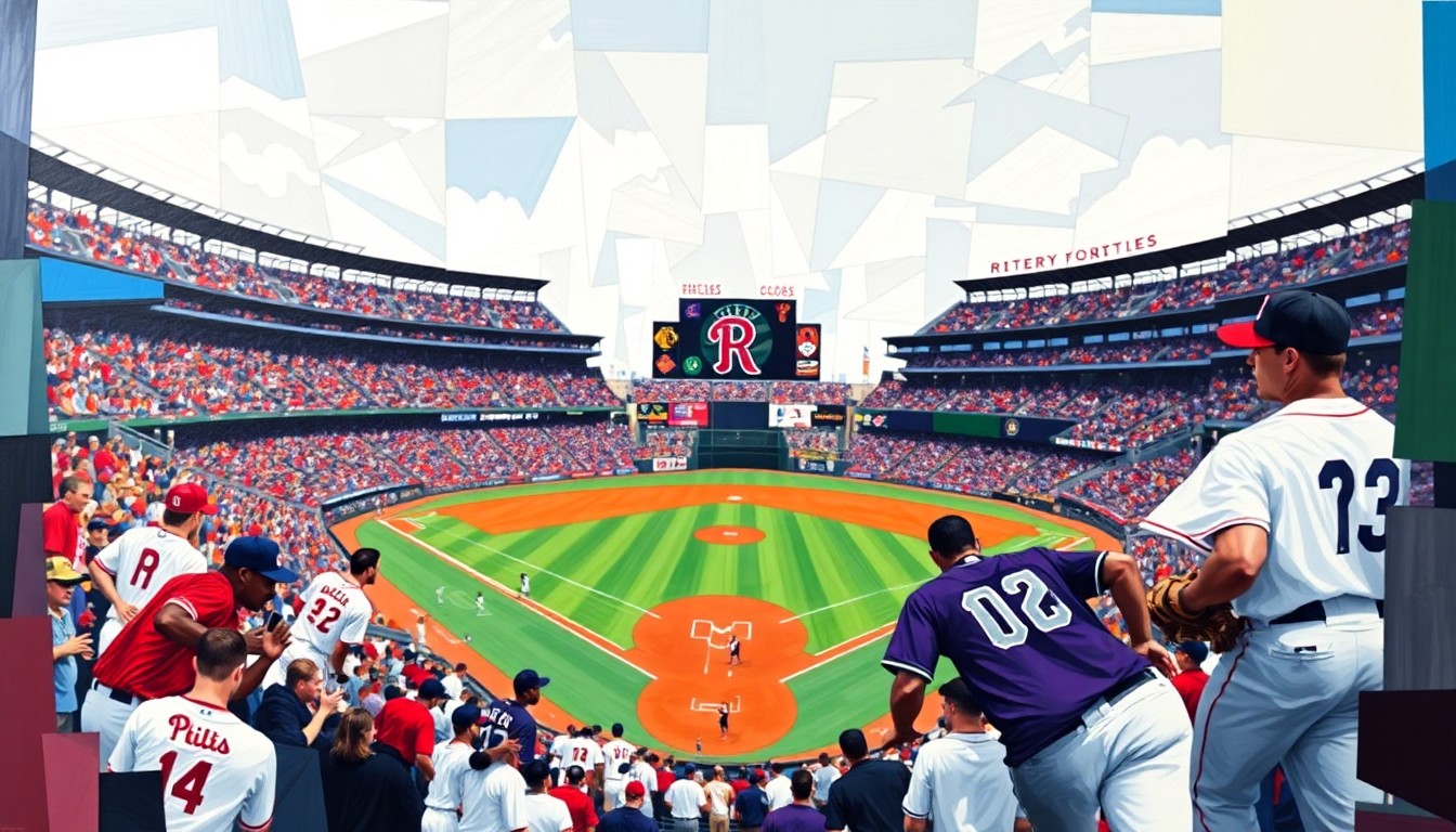 A fractured, cubist-style painting depicting a baseball game, with the players and field broken down into sharp, overlapping geometric shapes in the Phillies' and Rockies' team colors.