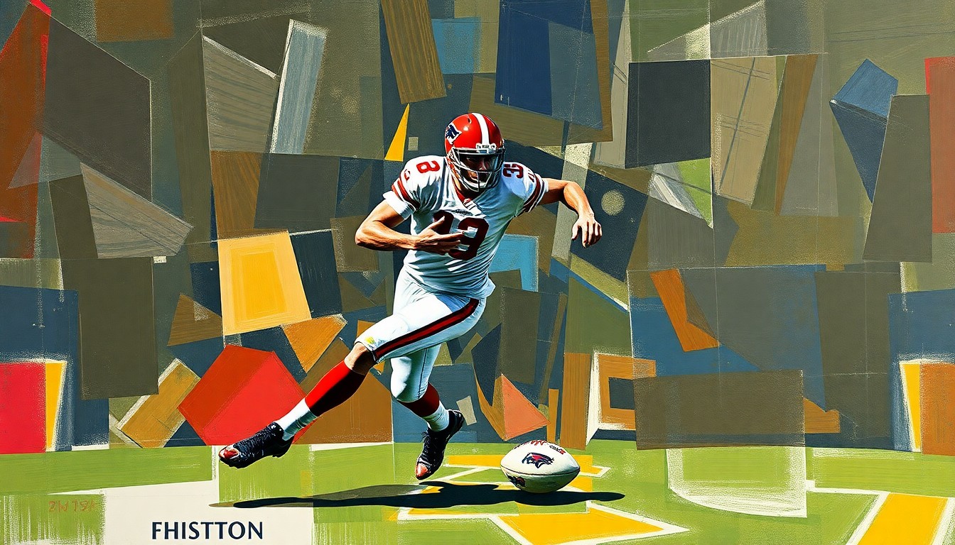 A fragmented, cubist-style painting depicting a football player in motion, with sharp geometric shapes and planes of color representing the complex nature of evaluating off-field allegations.