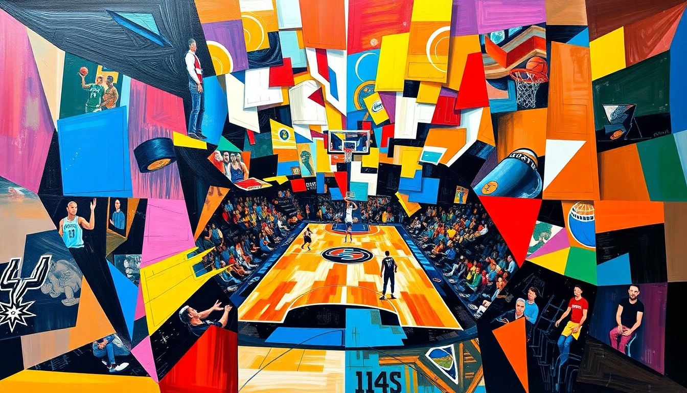 A cubist-style painting depicting fragmented, overlapping geometric shapes and planes of bright, energetic colors representing the intense action of a basketball game between the San Antonio Spurs and Denver Nuggets.