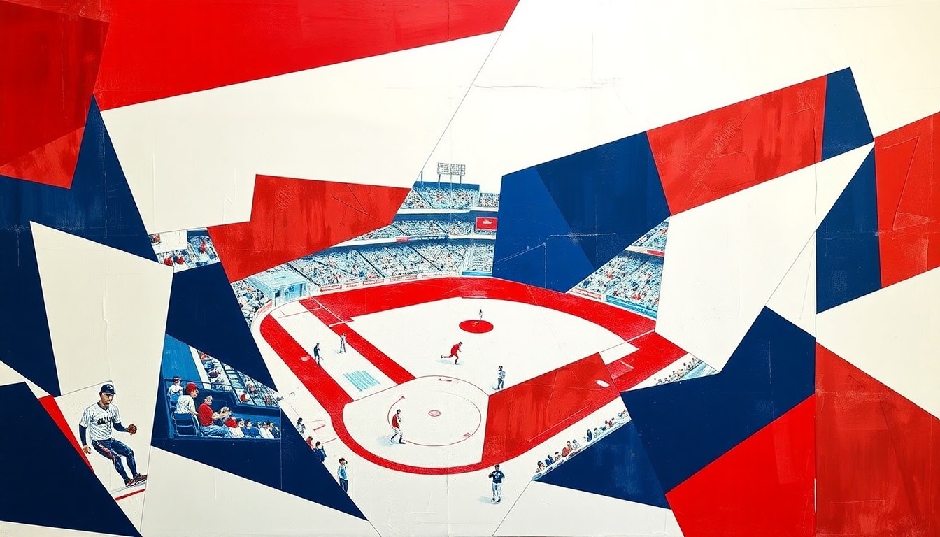 A cubist, geometric painting depicting a baseball game with overlapping planes of bright white, navy blue, and red, capturing the dynamic action and strategy of the game.