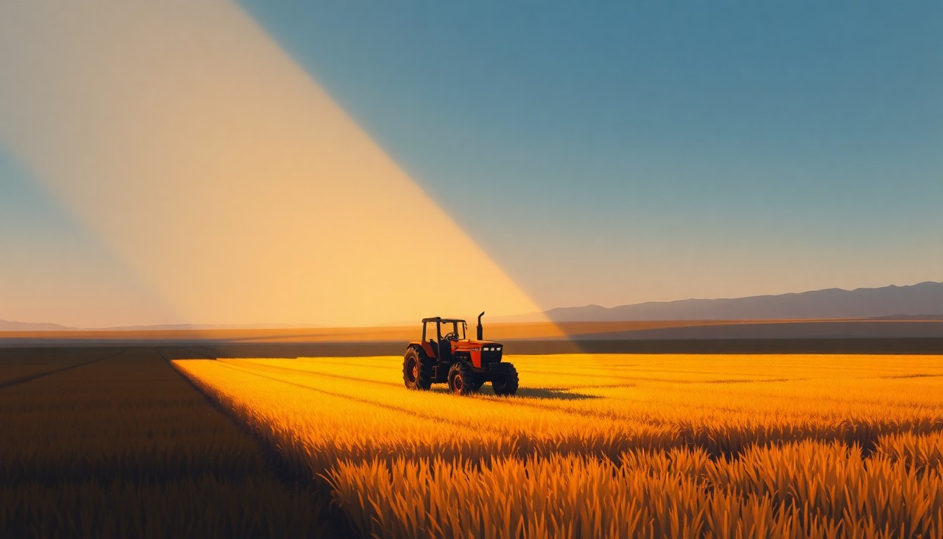 A serene oil painting depicting a lone tractor in a sun-dappled Central Valley field, capturing the region's agricultural identity and its outsized political significance.