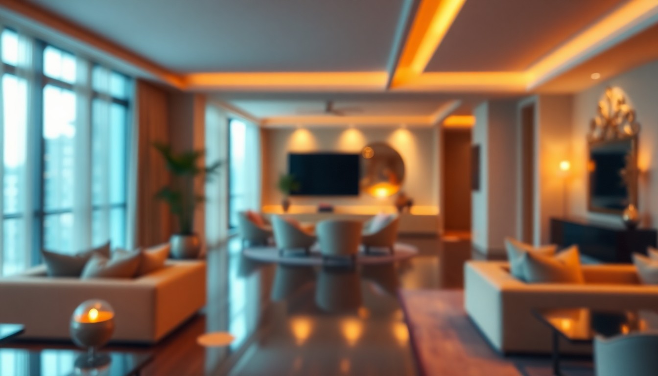 An extremely abstracted, out-of-focus photograph shot through condensation or rain-streaked glass, composed of soft pools of warm color and light that capture the elegant, sophisticated atmosphere of a luxury condo interior.