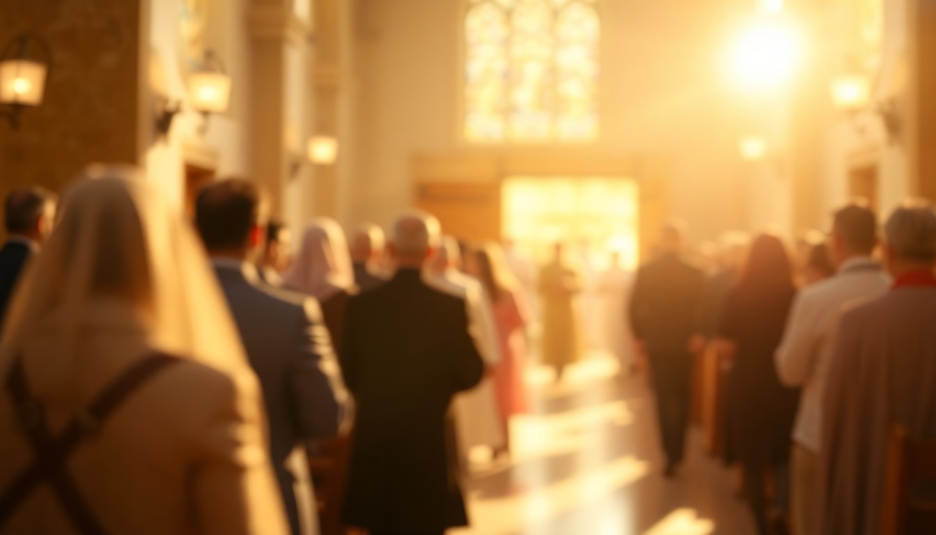 An extremely abstracted, out-of-focus photograph of people entering a church, with soft pools of warm light and color creating a sense of reverence and community.