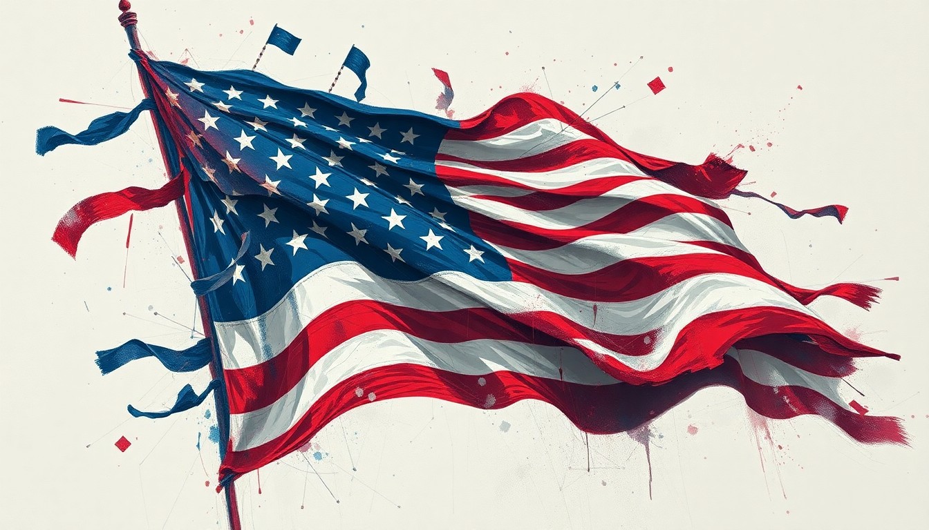 A fractured, overlapping painting of an American flag in muted shades of red, white, and blue, conveying a sense of political unrest and division.