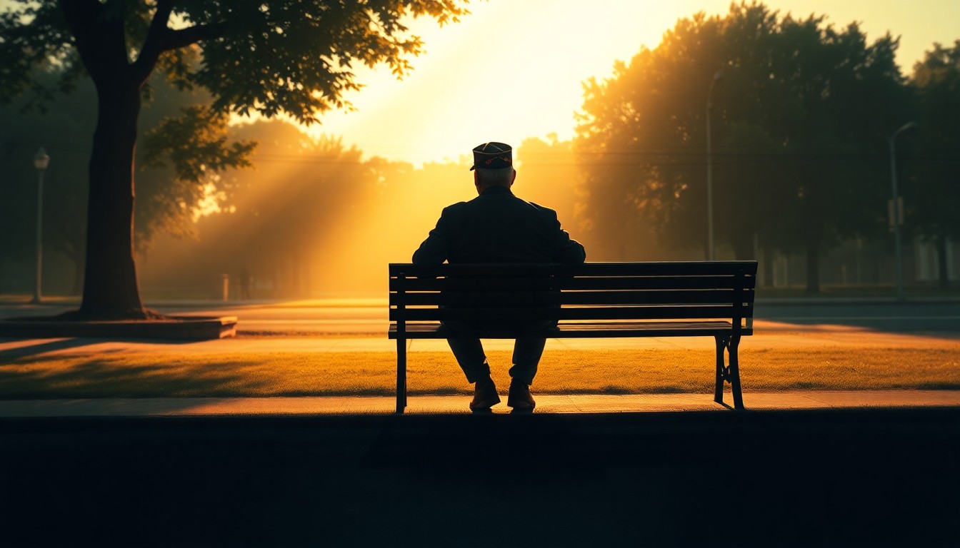 A serene painting of a solitary veteran sitting on a park bench, the warm sunlight casting deep shadows across the scene, conveying a sense of solitude and contemplation.