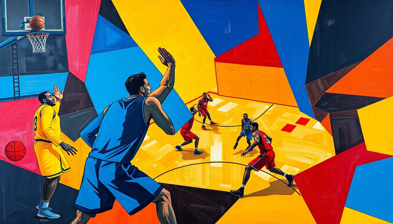 A fragmented, geometric painting in bold colors depicts the action of a basketball game, with players' forms broken down into sharp, overlapping shapes that convey the intensity and movement of the sport.
