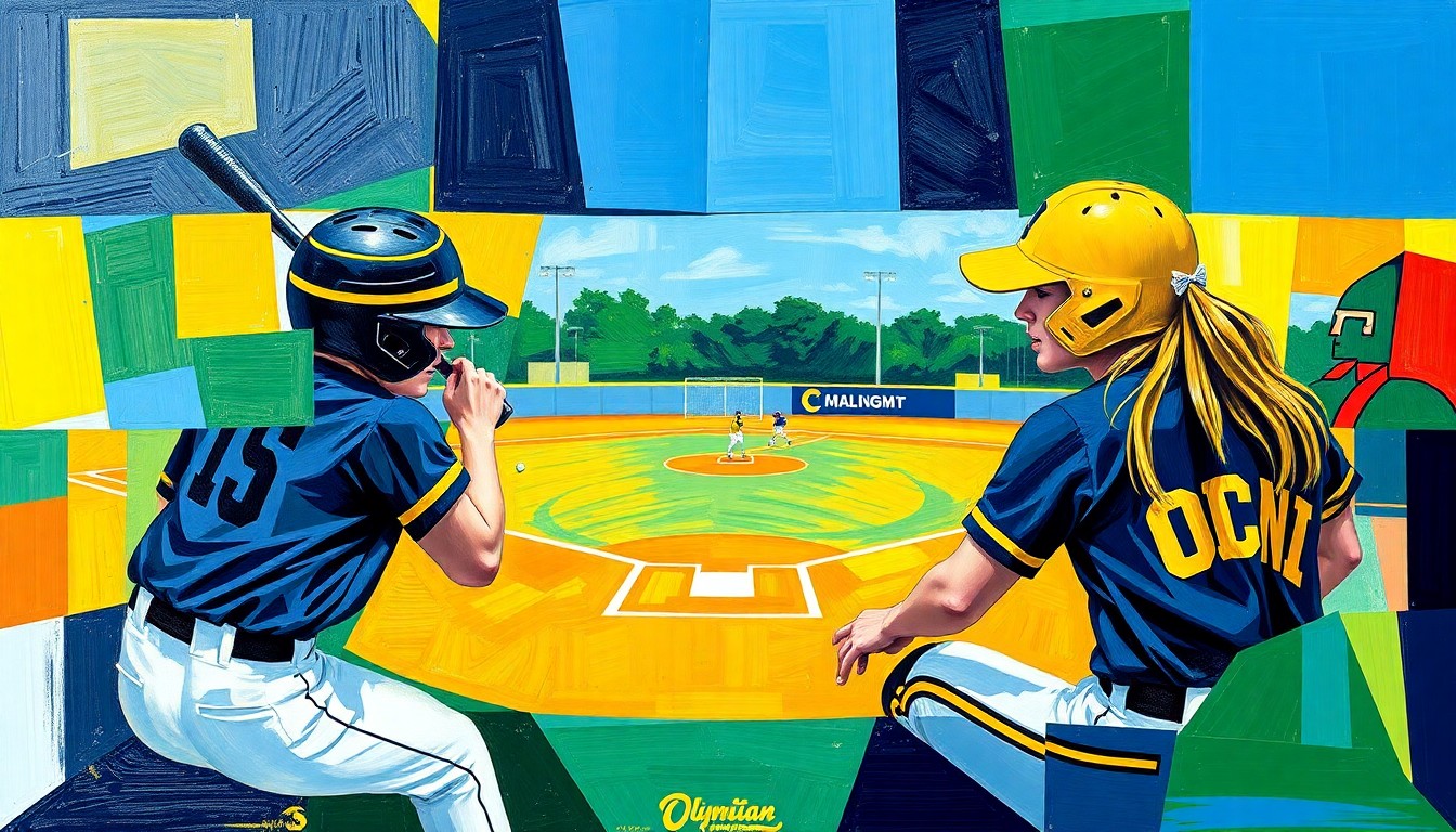 A fragmented, geometric painting depicting the dynamic motion and energy of a high school softball game, with the opposing team's uniforms and colors blending together in an abstract, cubist style.