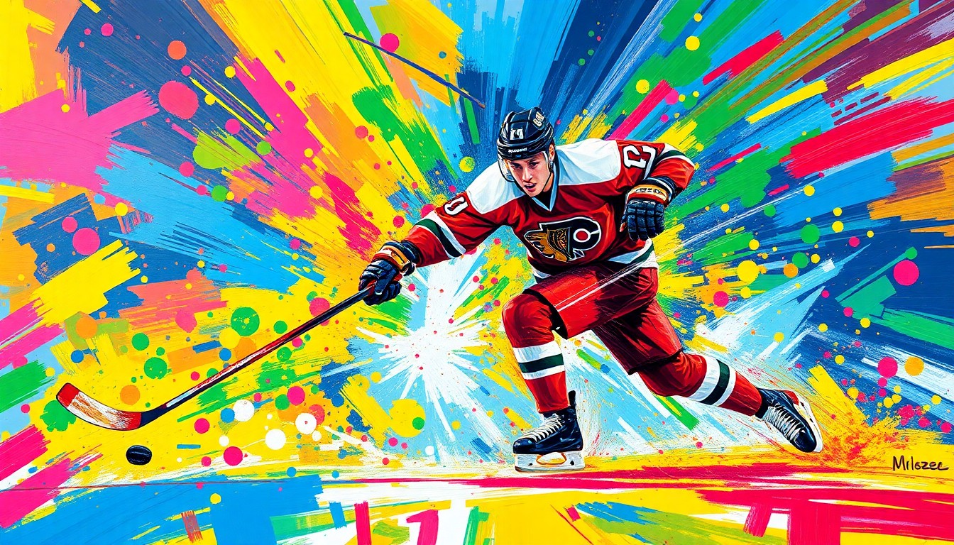 An abstract, energetic painting featuring bold brushstrokes and neon colors that capture the intensity and movement of a hockey player scoring a goal, with the player's details obscured in the vibrant expressionist style.