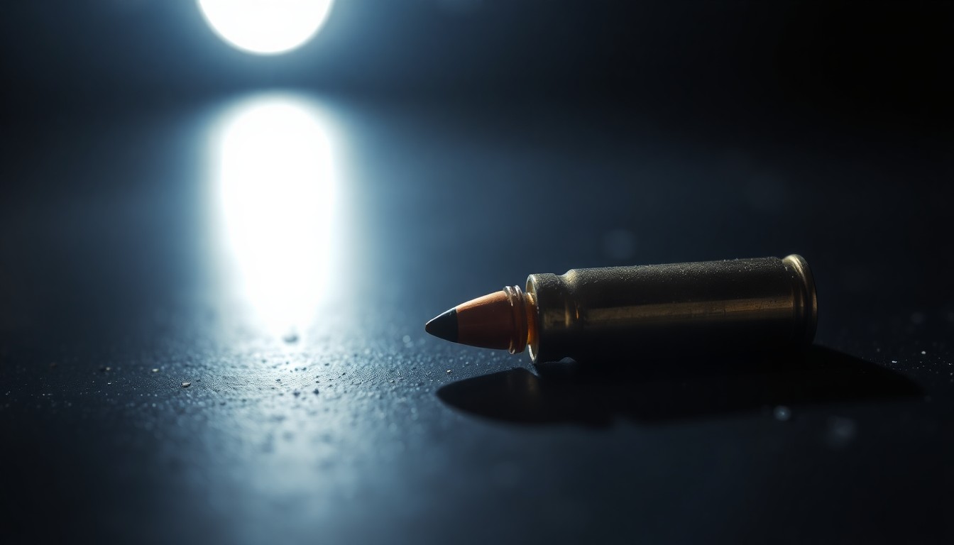 An extreme close-up photograph of a single spent bullet casing on a dark surface, lit by a harsh, direct camera flash, conceptually representing the sudden violence and legal aftermath of a wrongful accusation.