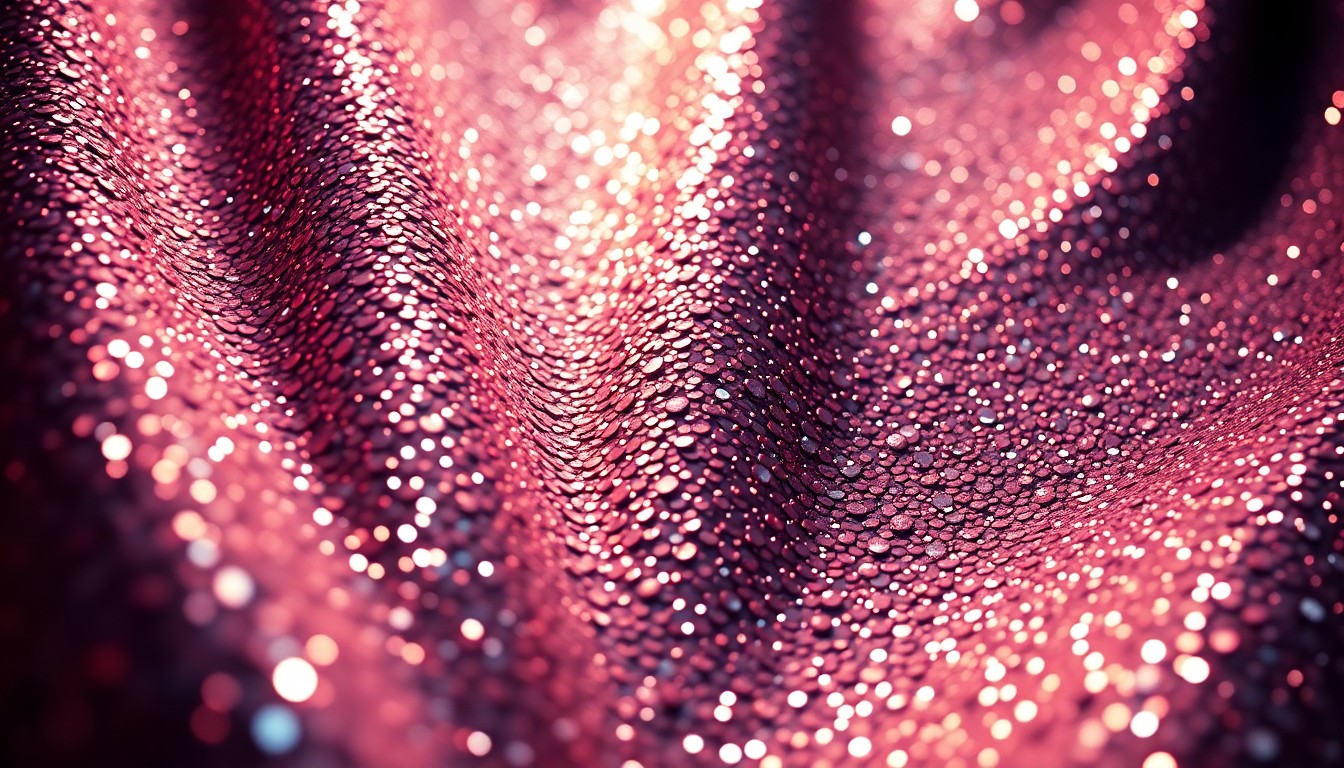 An abstract close-up photograph of shimmering, glittering sequins in dramatic, high-contrast studio lighting, conveying the glamour and luxury of Hollywood red carpets.