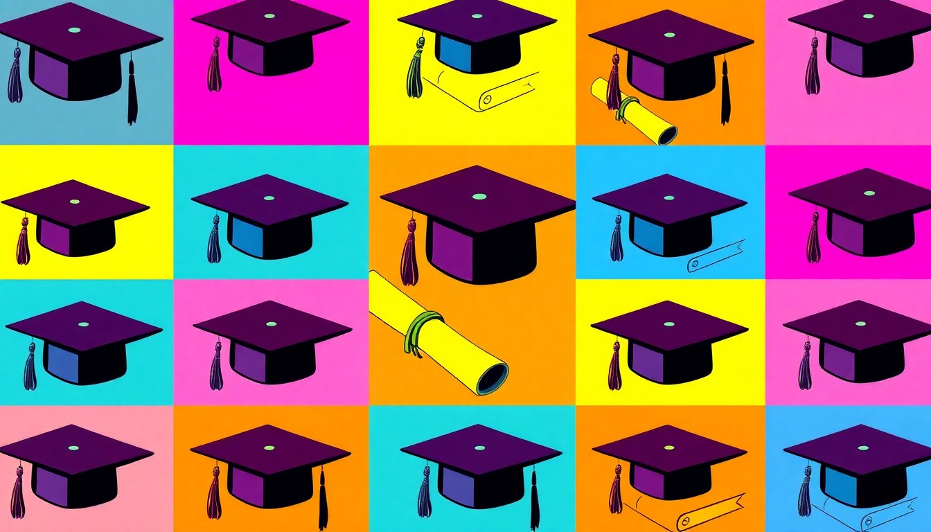 A highly stylized, pop art-inspired grid of brightly colored, silkscreened graduation caps, conceptually representing the changing nature of higher education in the age of AI.