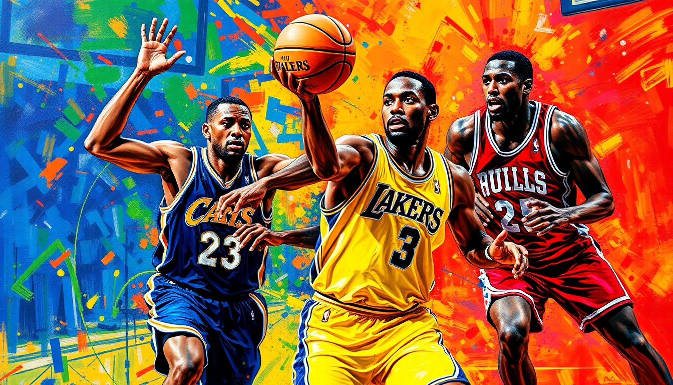 An abstract, expressionist painting featuring bold, neon-colored brushstrokes that capture the frenetic energy and athleticism of a fast-paced NBA basketball game, with players' faces and jerseys blending into a vibrant, textured composition.