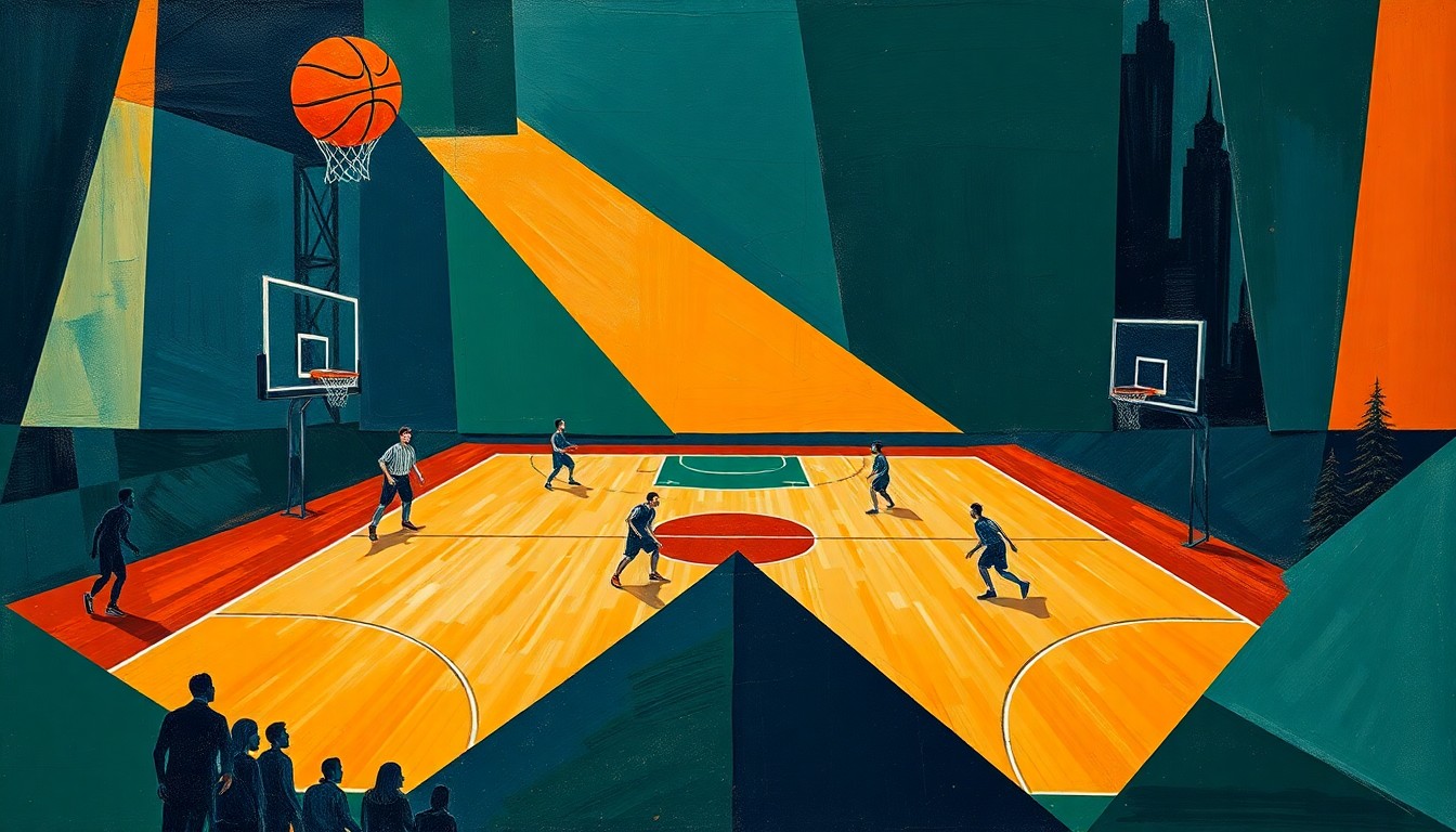 A cubist-style painting featuring overlapping geometric shapes and planes in navy, green, and orange, conceptually representing the fragmented and disjointed nature of the Nets' loss to the Hawks.