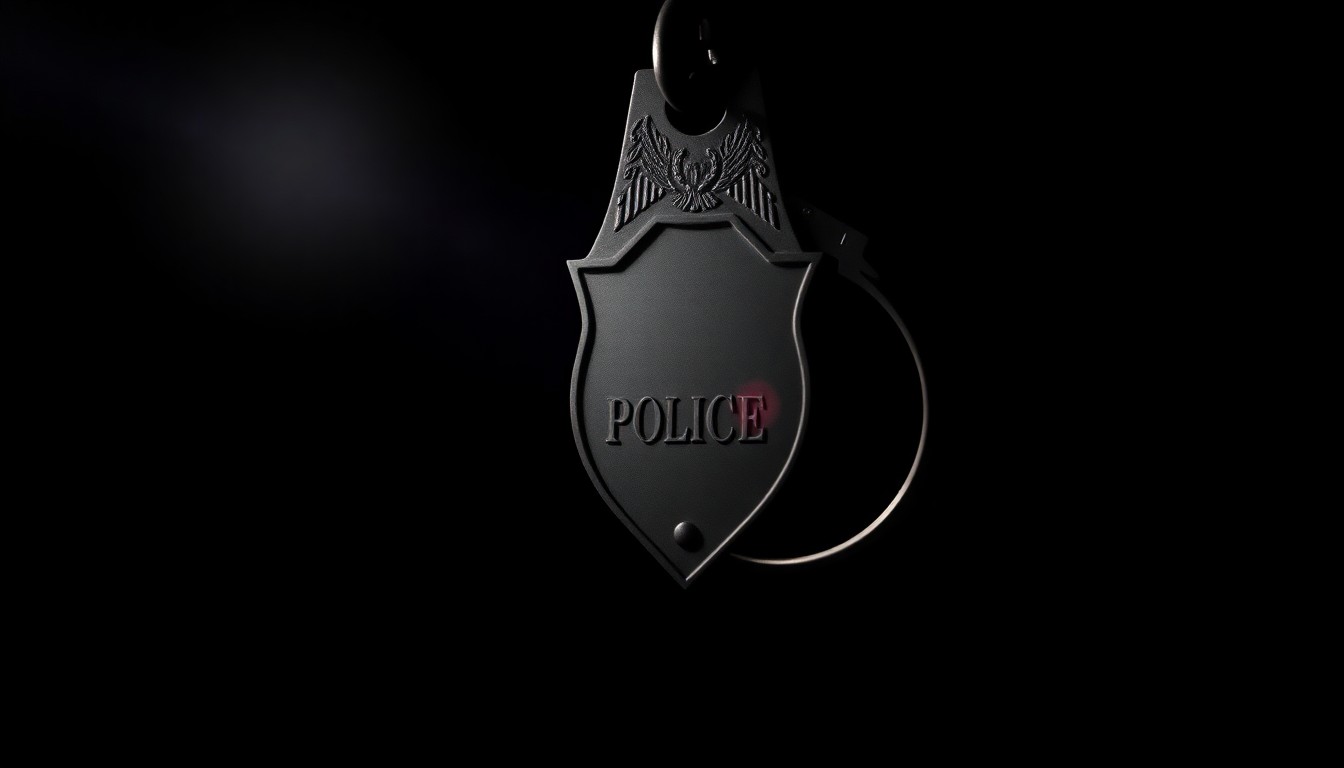 An extreme close-up photograph of a police badge or handcuff, lit by a harsh, direct camera flash against a pitch-black background, conveying the serious, investigative nature of the incident involving the injured deputy.