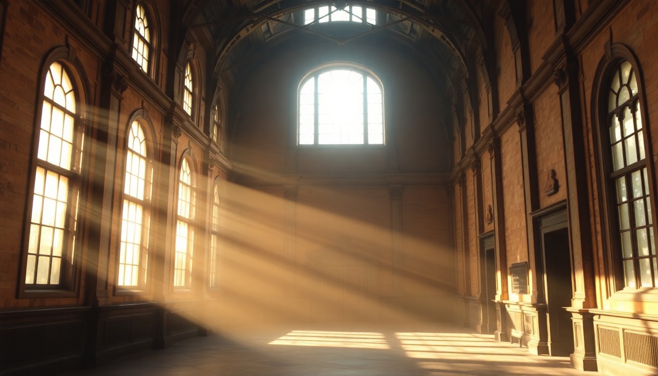An abstract, out-of-focus photograph in soft, warm tones depicting the interior of an old, historic building with sunlight streaming through the windows, conveying a sense of nostalgia and the reopening of a long-closed landmark.