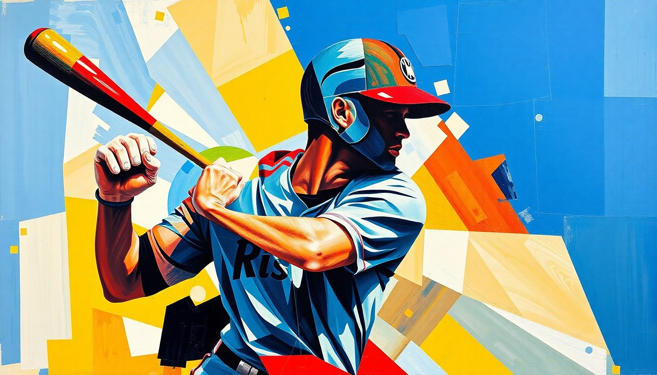 A fractured, geometric painting depicting a baseball player's motion broken down into sharp, overlapping planes of color, conceptually representing the uncertainty and impact of an injury on a team's season.