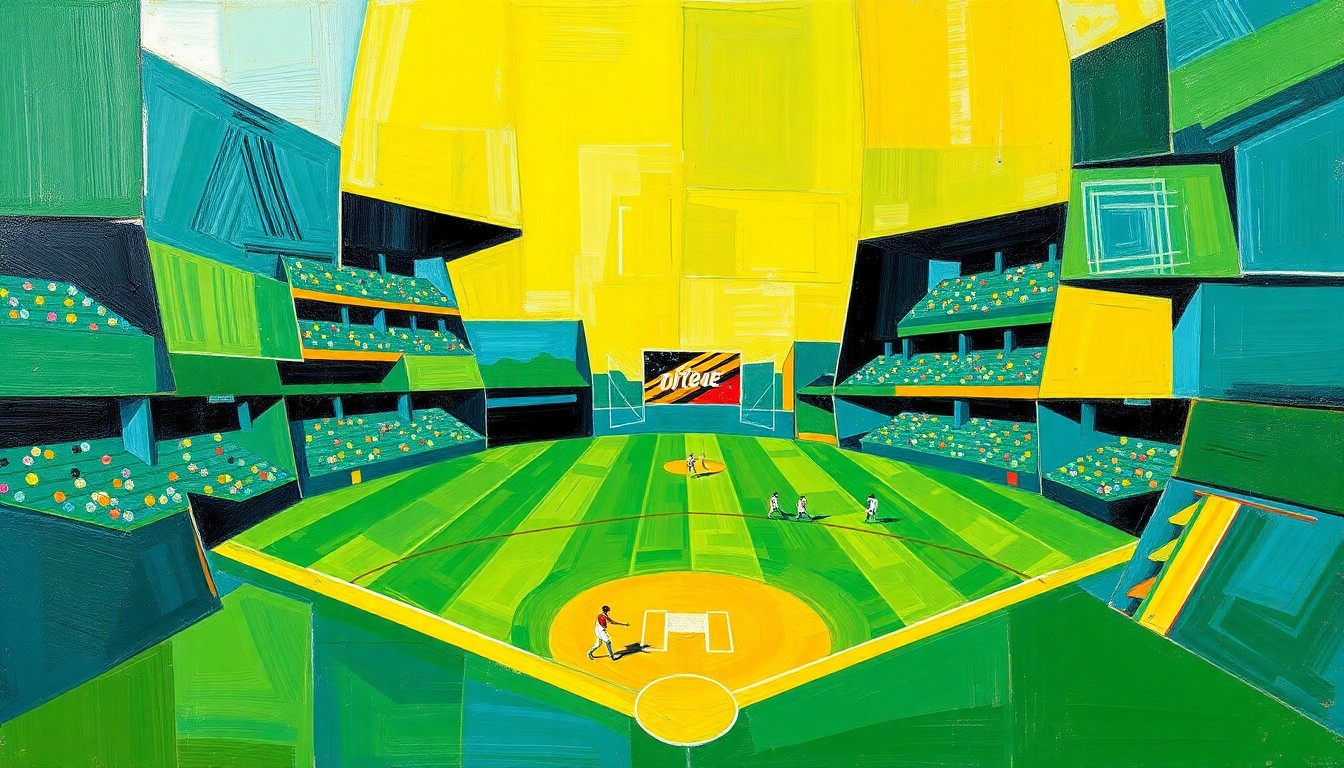 A fragmented, geometric painting depicting the dynamic movements and competitive energy of a softball game, with sharp planes of color and overlapping perspectives conveying the sport's intensity.
