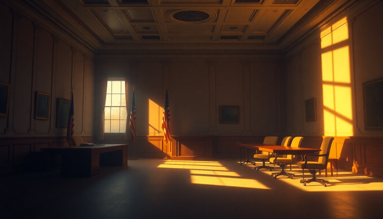 A dimly lit, cinematic painting of an empty government conference room with a long wooden table and chairs, the room bathed in warm, diagonal sunlight streaming through the windows, creating deep shadows that convey a sense of political tension and uncertainty.