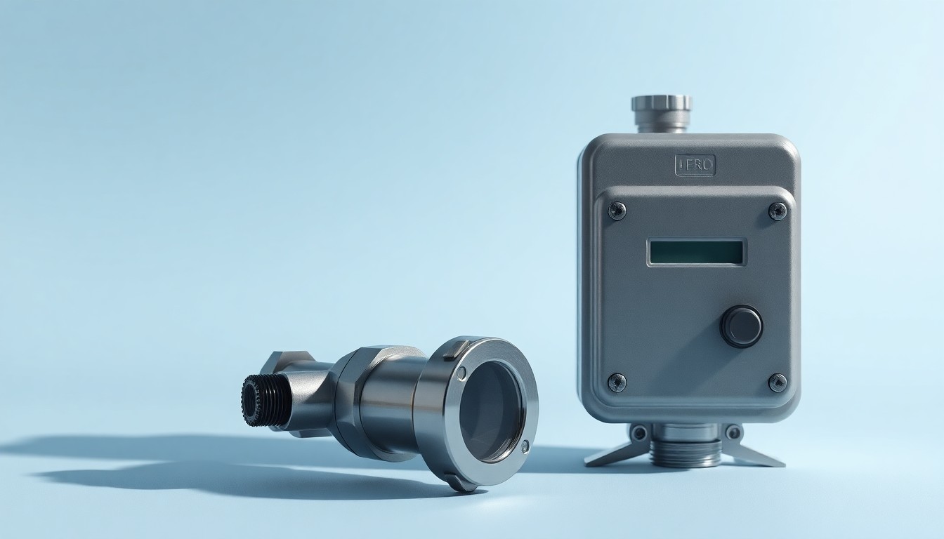 A photorealistic studio still life featuring a polished metal water meter and an angular electric meter arranged on a clean, monochromatic background, conceptually representing the reliability and precision of American States Water's utility services.