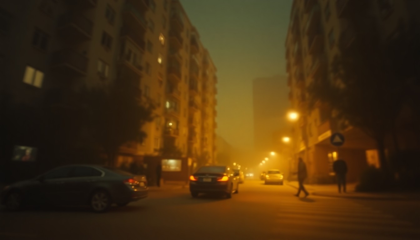 An abstract, impressionistic photograph in soft, warm tones depicting the entrance to an apartment building at night, with blurred shapes of cars and people moving through the frame, conveying a sense of frustration and disruption.