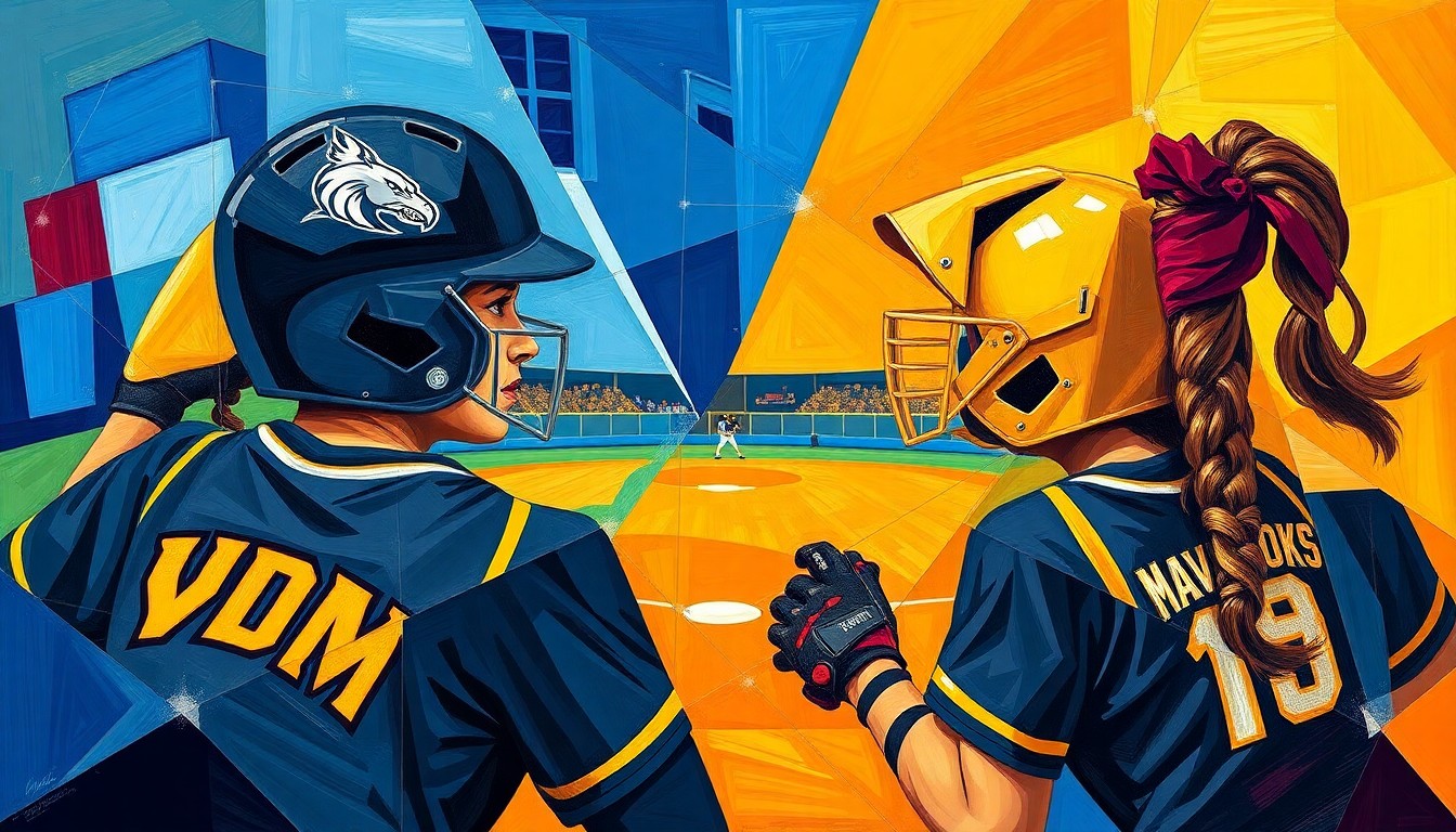 A fractured, geometric painting depicting the action of a college softball game, with sharp planes of color representing the players and field. The vibrant uniforms of the competing teams are visible, but faces and details are abstracted.