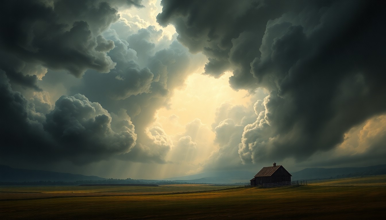 A vast, atmospheric landscape painting depicting a heavy rainstorm sweeping across a rural countryside, with a small farmhouse structure dwarfed by the towering, turbulent clouds.