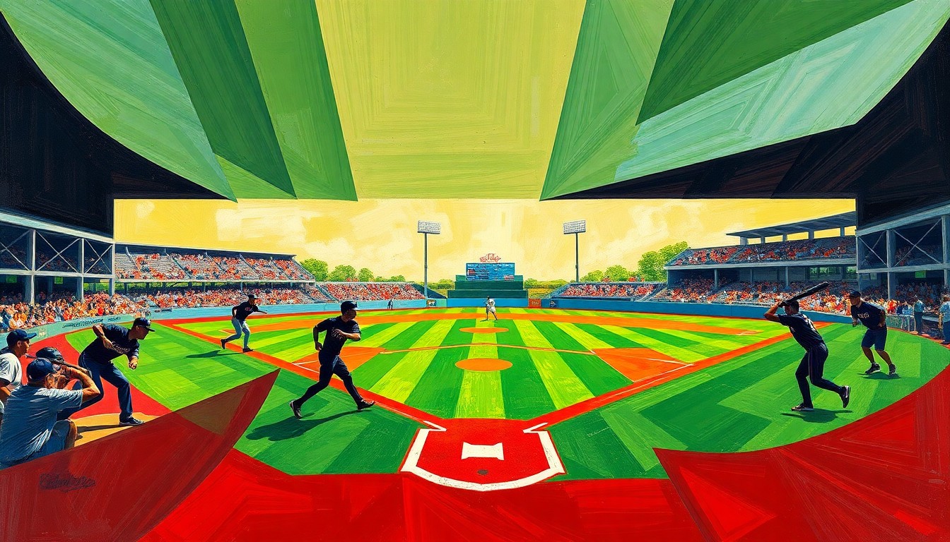 A fragmented, geometric painting depicting the chaotic action of a college baseball game, with overlapping shapes and planes of green, red, and player silhouettes conveying the intensity and unpredictability of the sport.