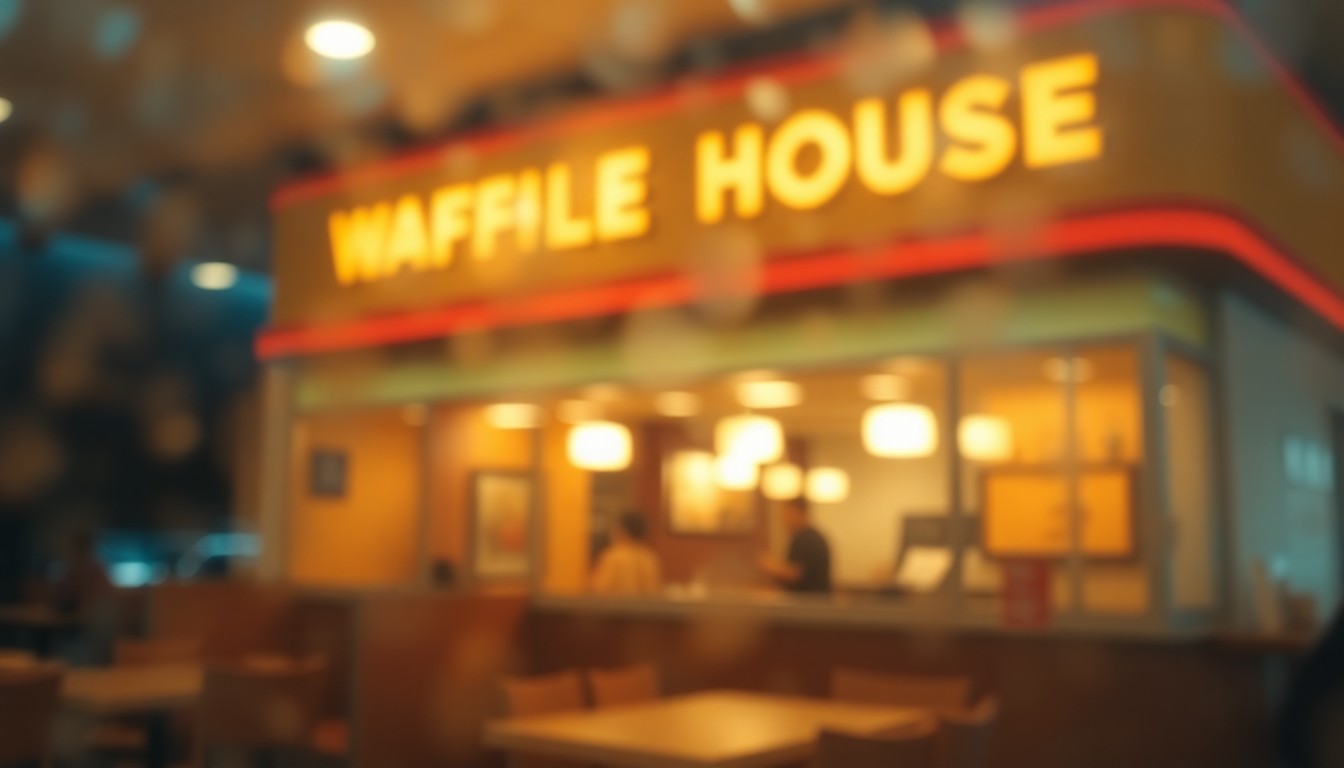 An extremely abstracted, out-of-focus photograph depicting a blurred, dreamlike scene of a Waffle House restaurant interior glowing with warm, hazy light, conceptually representing the mysterious claims of teleportation made by a FEMA official.