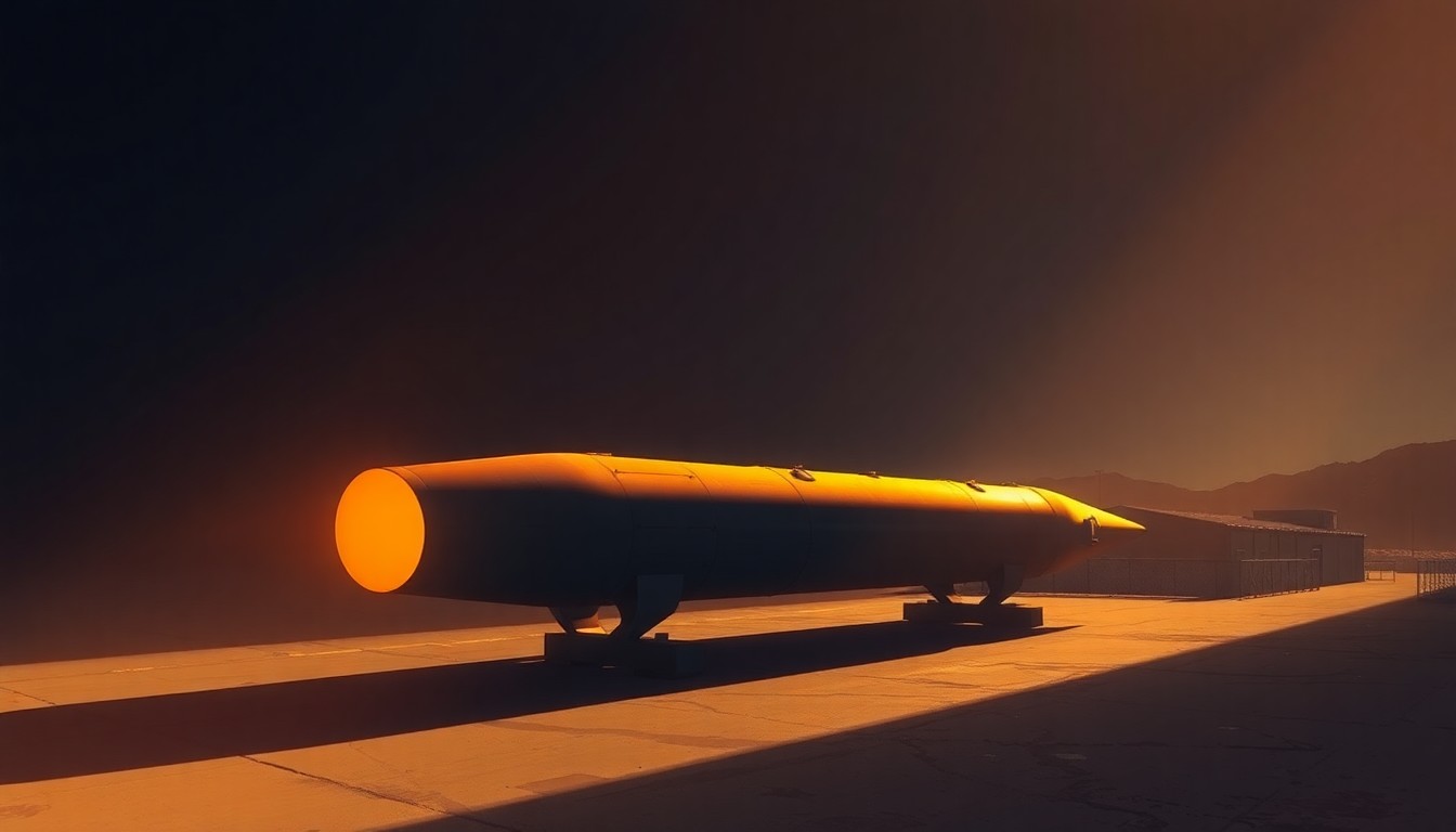 A serene, photorealistic painting of a solitary Tomahawk cruise missile component or production facility in Boulder, Colorado, bathed in warm, diagonal sunlight and deep shadows, conceptually representing the community's conflicted feelings over its role in the ongoing military campaign.