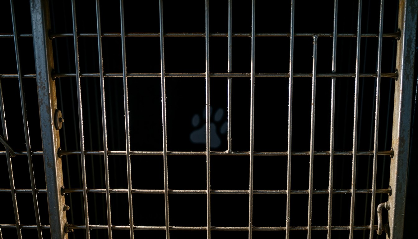An extreme close-up photograph of a metal animal crate with a single paw print visible through the bars, creating a stark, gritty, investigative aesthetic.