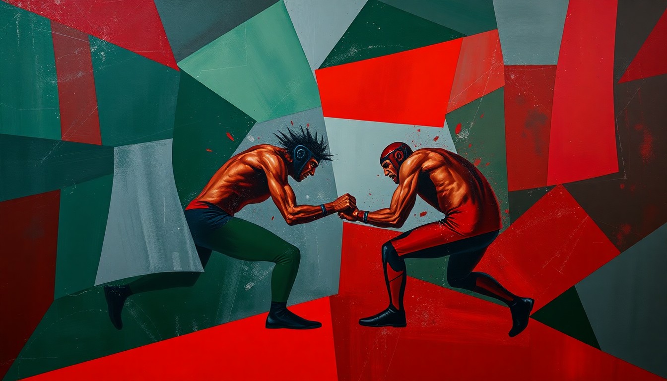 A cubist, geometric painting depicting a wrestling match broken down into sharp, overlapping planes of deep red, forest green, and steel grey, conveying the fractured nature of the situation surrounding AJ Ferrari's transfer.