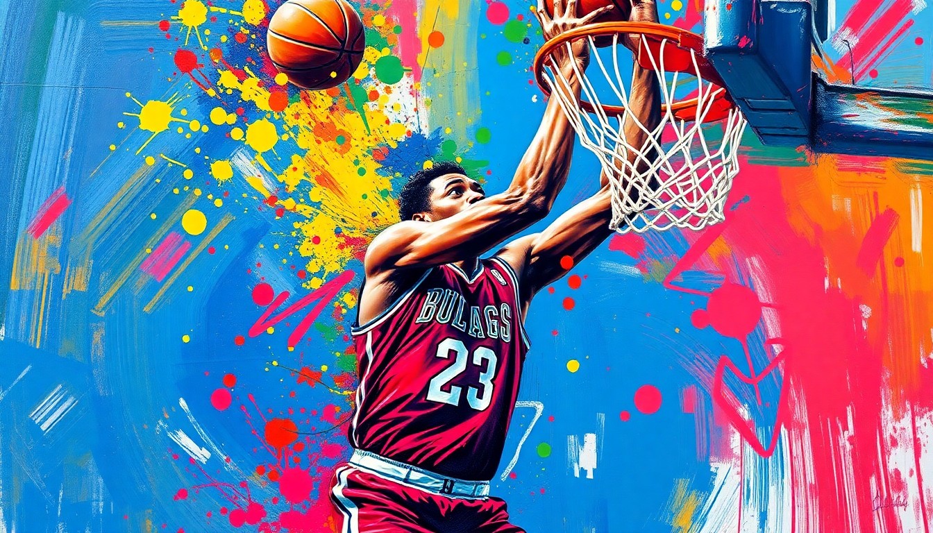 An abstract, expressionist painting featuring bold, neon-colored brushstrokes that capture the dynamic movement and scoring ability of a young basketball player driving to the hoop, the player's face and jersey indistinct and dissolving into the energetic composition.