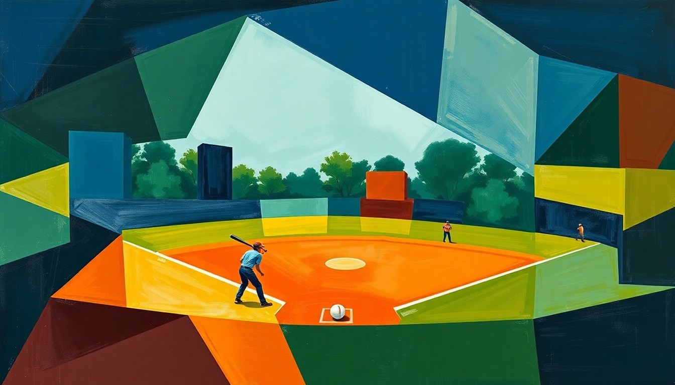 A fragmented, geometric painting depicting a softball game, with sharp planes of navy, green, and orange intersecting to create a sense of motion and chaos on the field.