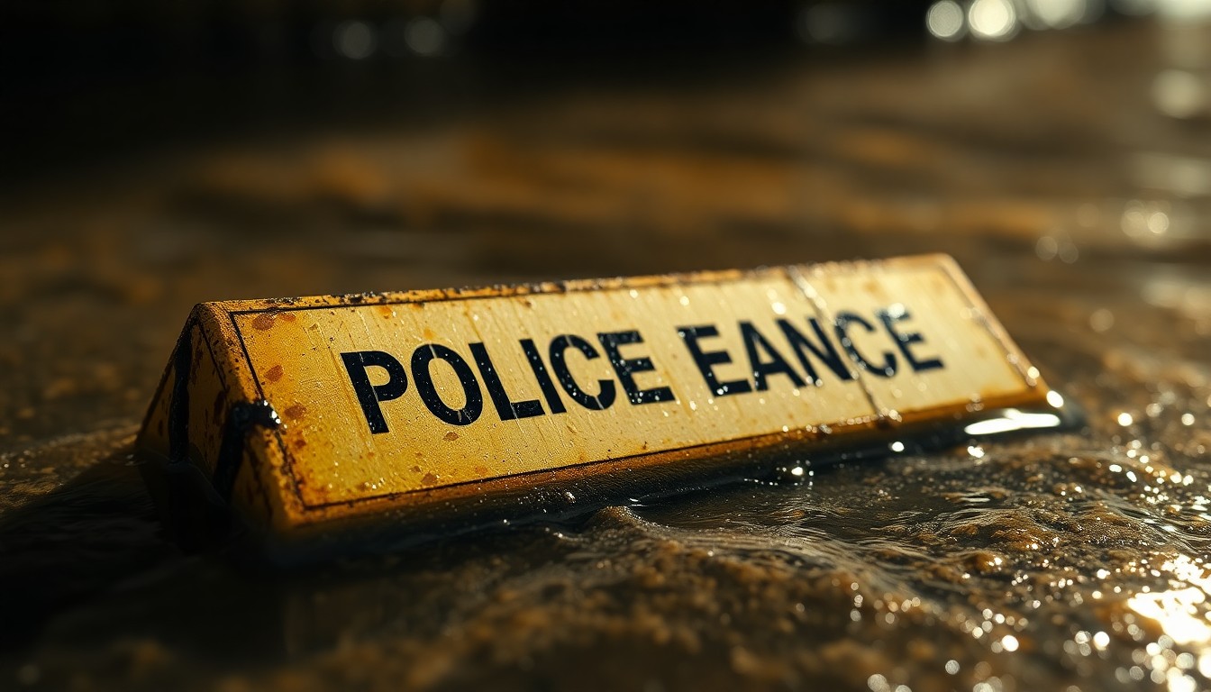 An extreme close-up photograph of a water-damaged police evidence marker, partially submerged in murky canal water, with a harsh, direct camera flash illuminating the gritty, textured surface, conceptually representing the investigation into a suspicious death.