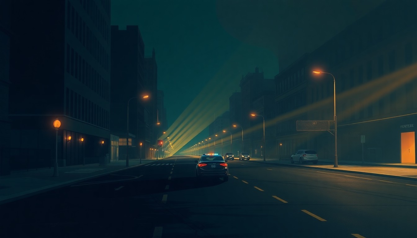 A moody, atmospheric painting of an empty city street at night, with a lone police car parked in the distance, conveying a sense of quiet unease and heightened security concerns.