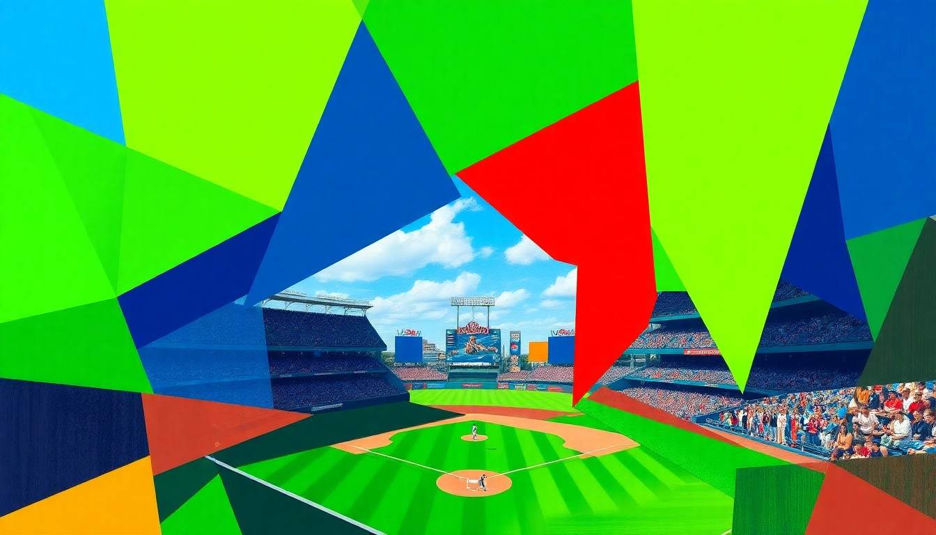 A fragmented, geometric painting in vibrant colors depicting the chaotic action of a college baseball game, with players and the field broken down into sharp, overlapping planes.