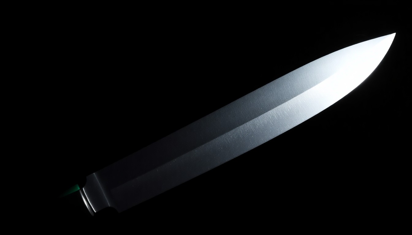 An extreme close-up photograph of a machete blade against a pitch-black background, lit by a harsh, direct camera flash to create a stark, gritty, investigative aesthetic.