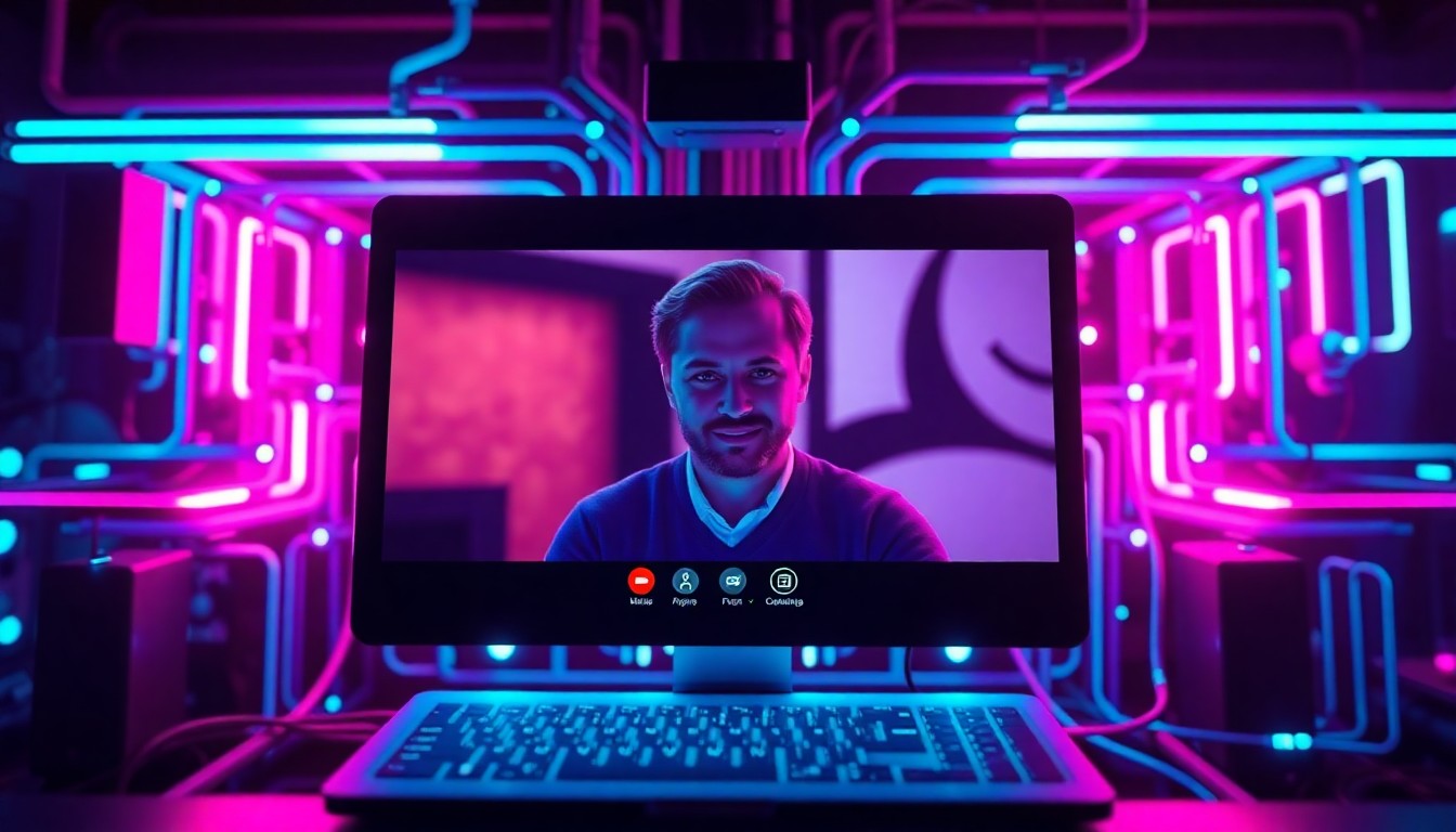A highly detailed, glowing 3D macro illustration of a Zoom video call interface, with neon cyan and magenta lights illuminating the digital infrastructure behind the virtual advising session. The image conceptually represents the technical challenges of supporting high-frequency, high-security video advising sessions in an academic setting.