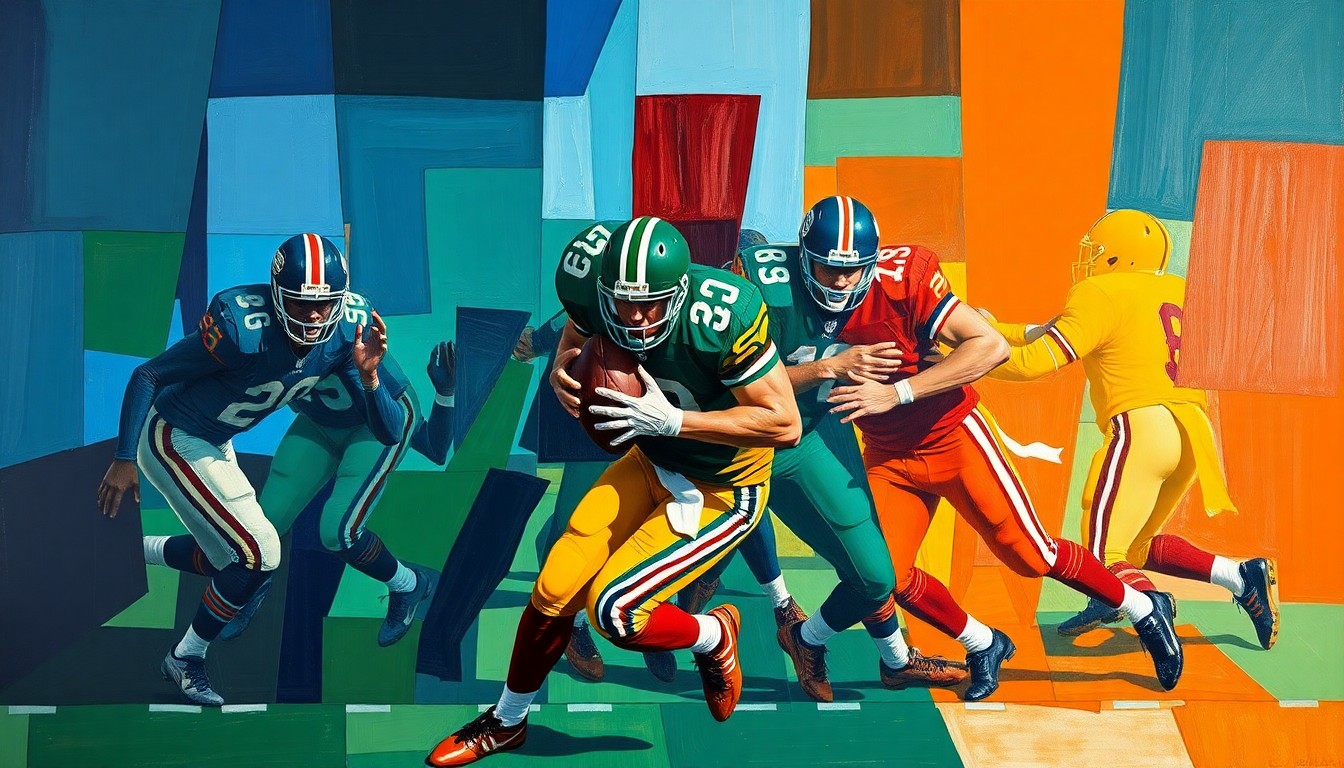 A cubist-style painting depicting a fragmented, geometric interpretation of a football pass rush, with sharp planes of deep blue, forest green, and burnt orange overlapping to create a dynamic, abstract visual representation of the power and intensity of the edge rusher position.
