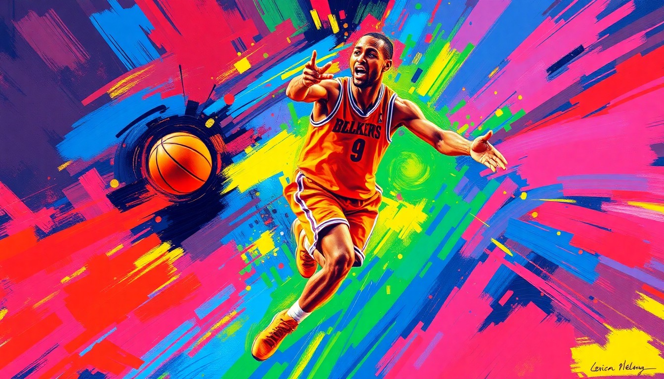 An abstract, energetic painting in vibrant neon colors, capturing the raw power and athleticism of a basketball player in motion through rapid brushstrokes and dissolving forms.