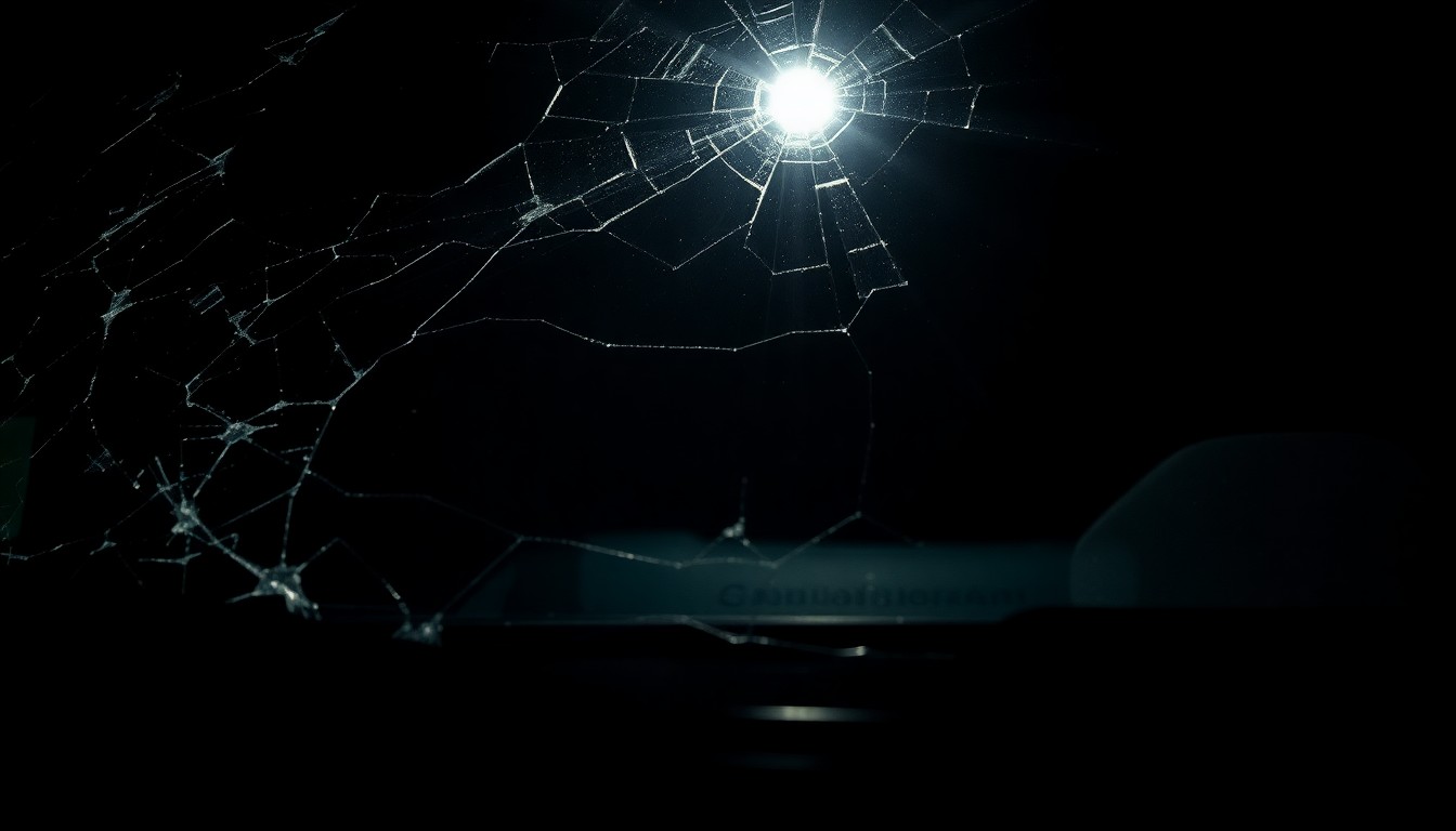 An extreme close-up photograph of a cracked and damaged car windshield, capturing the harsh, gritty aftermath of a violent incident in the desert.