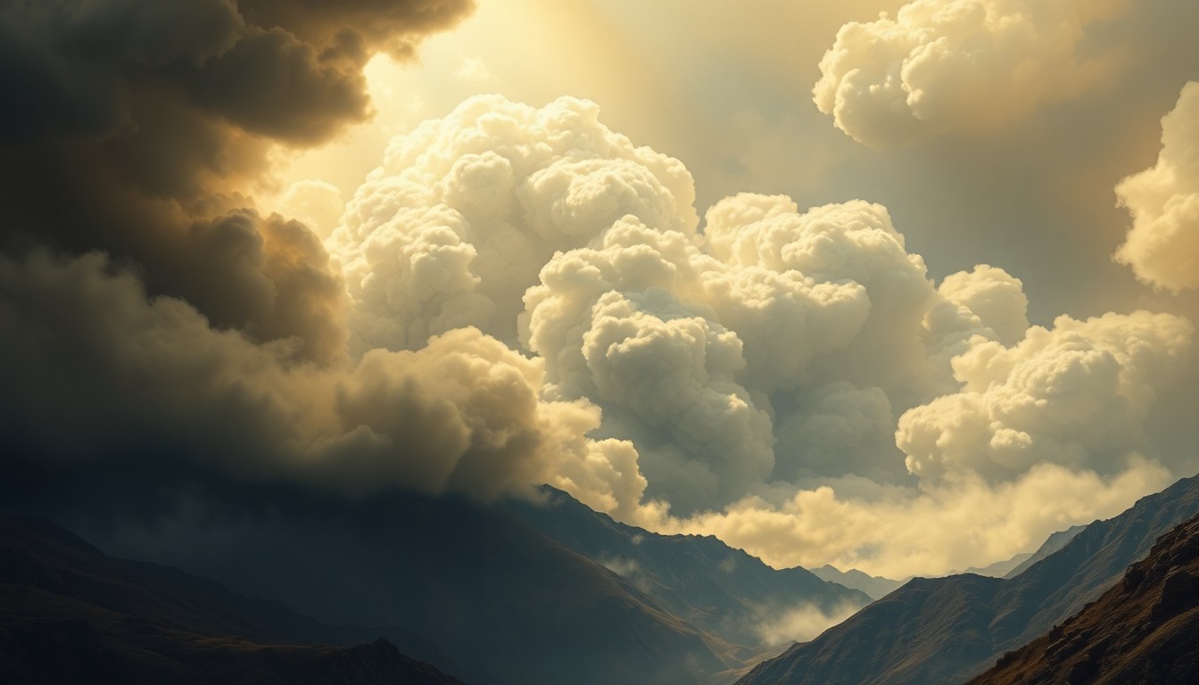 A dramatic, sweeping landscape painting in muted tones of gray, brown, and orange, depicting a massive cloud of smoke and ash billowing across a rugged, mountainous horizon, dwarfing any visible structures or vegetation and conveying the overwhelming, sublime scale and power of a raging wildfire.