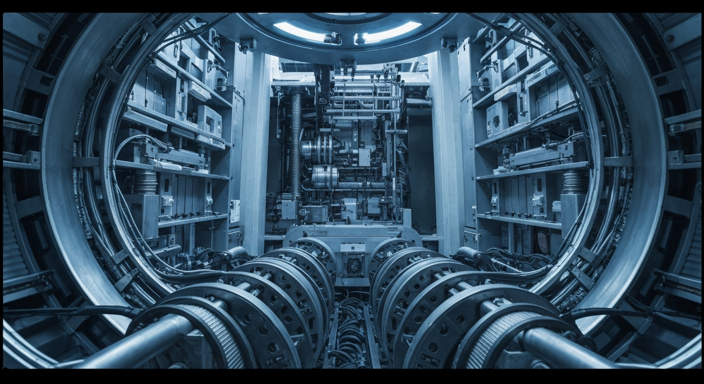 An extreme close-up of complex, industrial machinery and gears, conceptually representing the complex financial and regulatory landscape of the biotechnology industry.