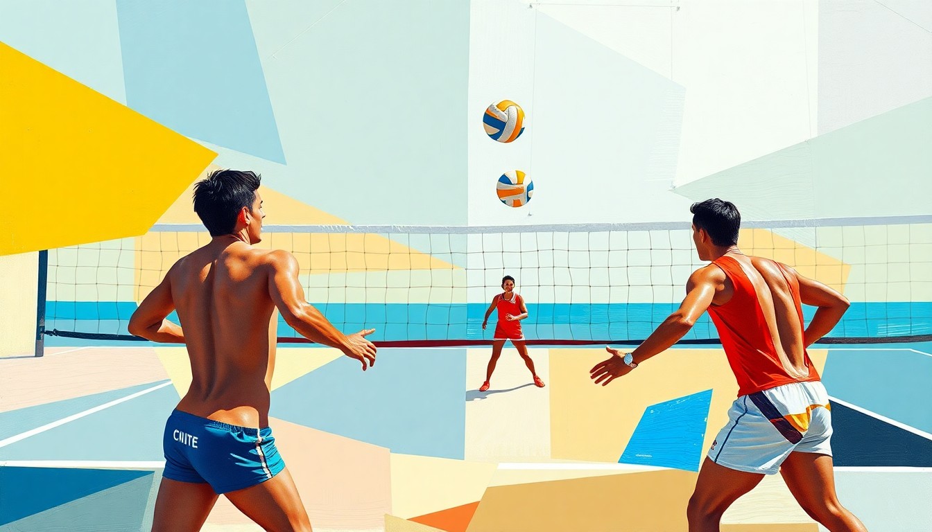 A cubist, geometric painting depicting a fragmented, multi-angled view of a beach volleyball match, with the players' forms broken down into abstract shapes and planes of color.