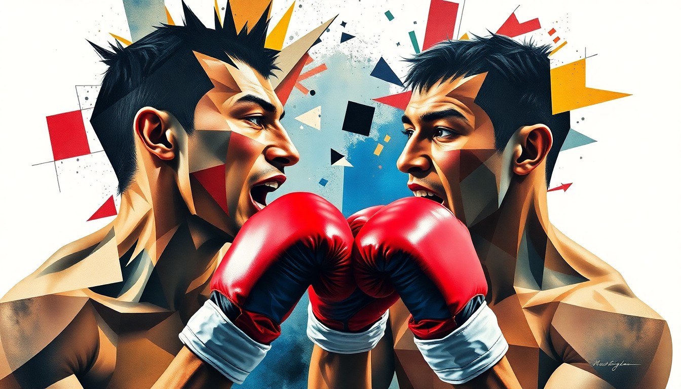 A cubist, geometric painting depicting the dynamic motion and energy of a boxing match between two flyweight fighters, with their bodies and faces fractured into abstract shapes and planes of color.