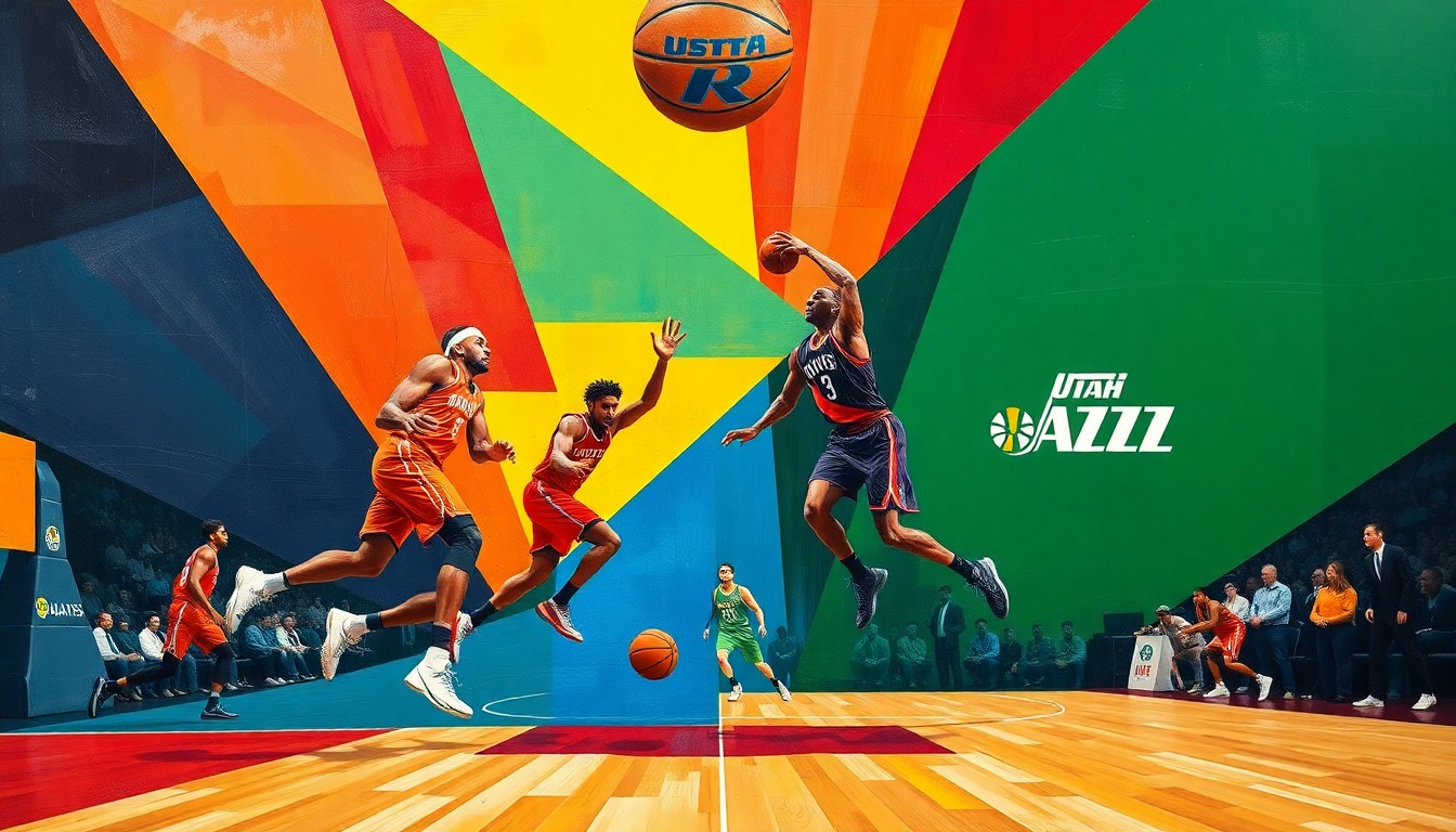 A cubist, geometric painting depicting a basketball game between the Houston Rockets and Utah Jazz, with the players' forms broken down into abstract shapes and planes of vibrant team colors.