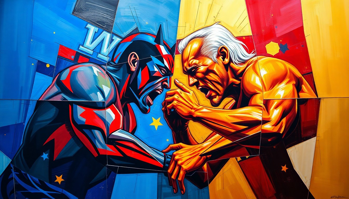 A fractured, multi-perspective painting depicting the intensity and energy of a WWE wrestling match, with sharp geometric shapes and planes in vibrant colors like blue, red, and gold.