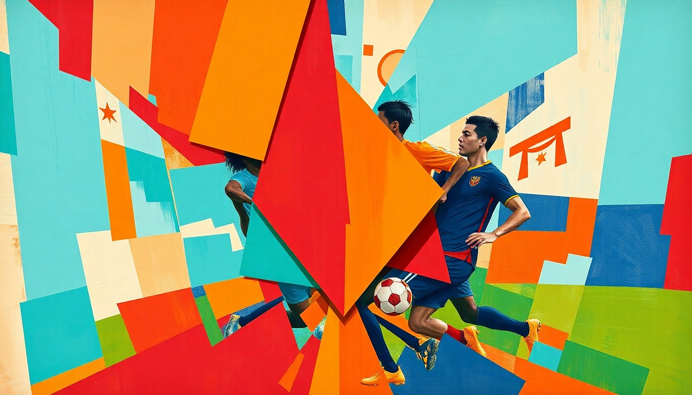 A fragmented, geometric painting depicting a soccer match between two teams, with the players and field broken down into sharp, overlapping planes of color.