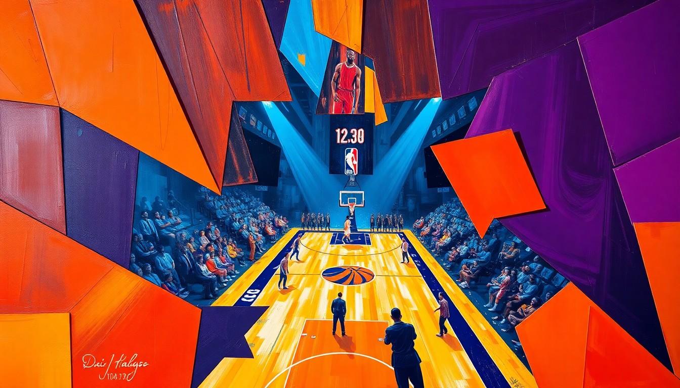 A fragmented, geometric painting in bold colors depicting the chaotic energy of an NBA basketball game, with sharp planes and angles representing the heated emotions and high stakes of the competition.